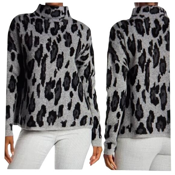 Catherine Malandrino 100% Cashmere Leopard Jacquard Mock Neck Sweater Gray Black - Picture 1 of 8